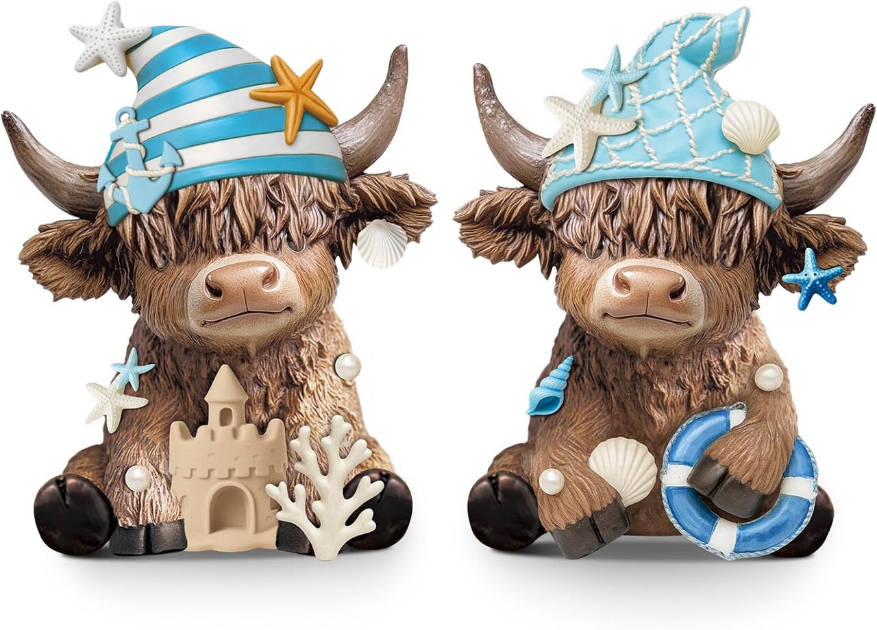 2-Piece Coastal Highland Cow Figurines – Nautical Summer Farmhouse Decor with Anchor, Starfish & Seashell Accents – Ocean Theme Resin Table & Shelf Decorations for Home, Beach House, Mantel & Office